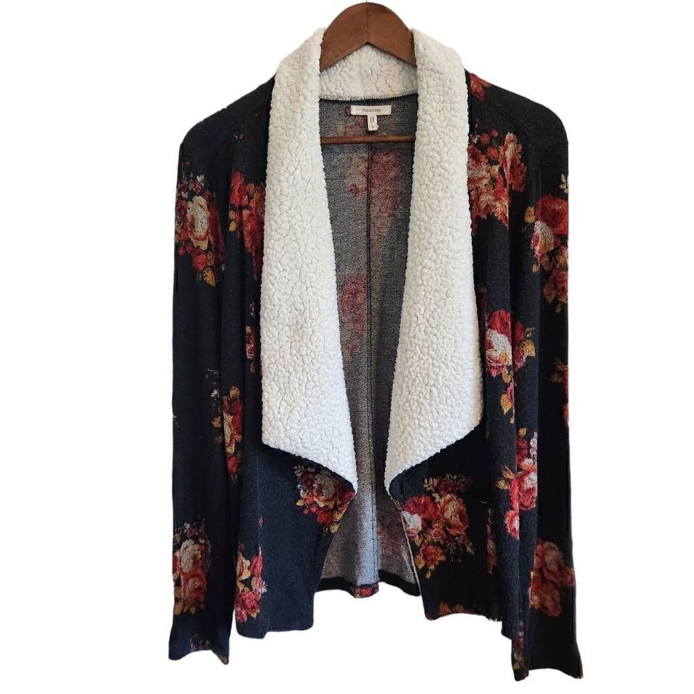 Maurices Cardigan Sweater Womens Small Sherpa Floral Black Fall Holiday‎